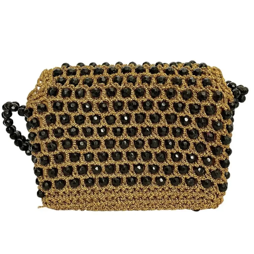 Vintage Italian Gold Crochet Black Bead Glam Evening Bag - Made in Italy Handbag